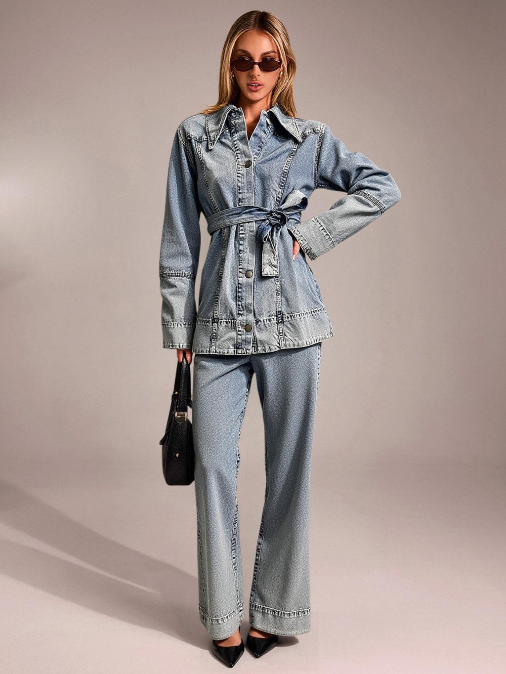 Yaka Detay Kuşaklı Denim Takım