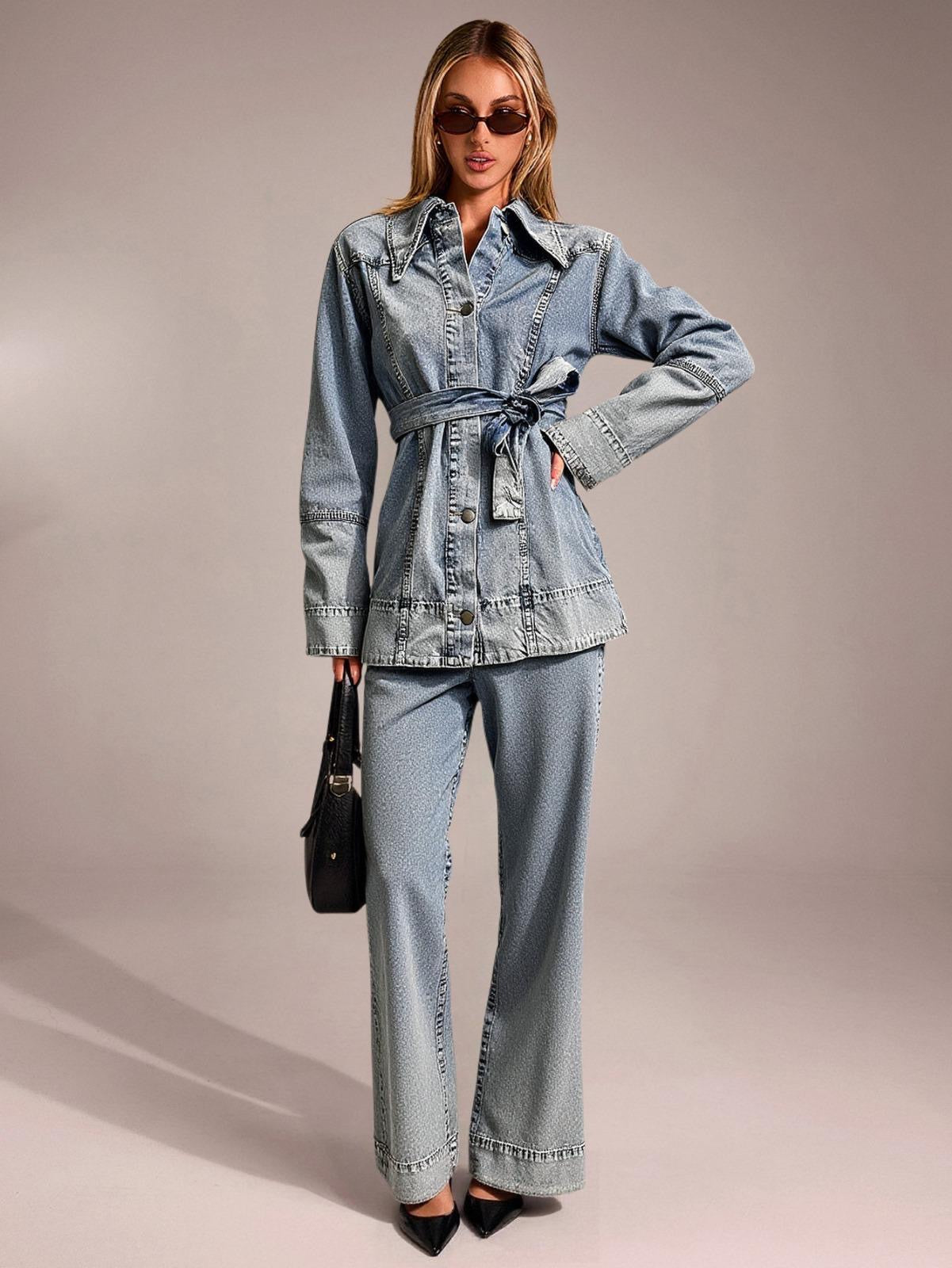 Yaka Detay Kuşaklı Denim Takım