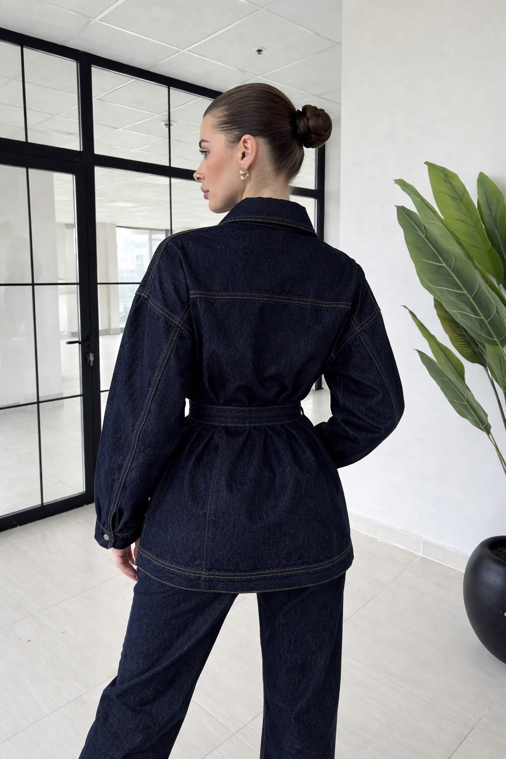 Kemerli Denim Takım-Düğmeli Cepli
