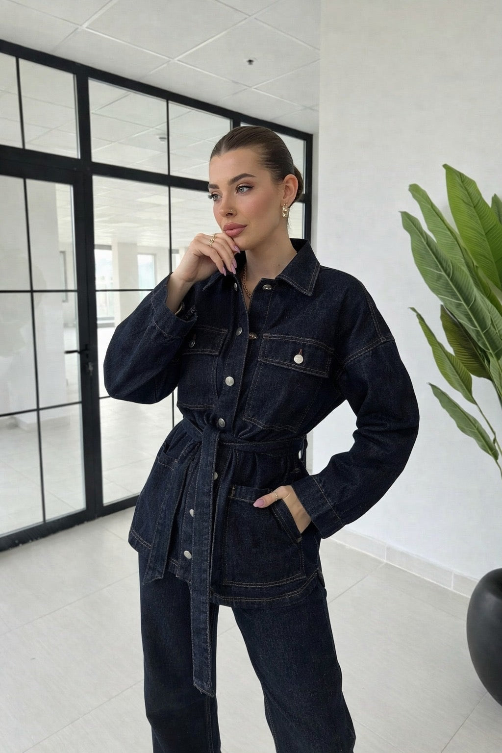 Kemerli Denim Takım-Düğmeli Cepli