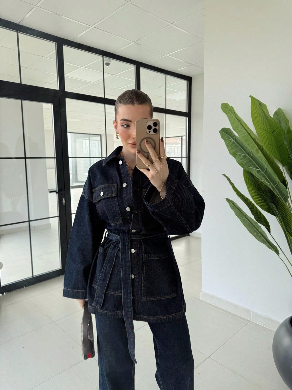Kemerli Denim Takım-Düğmeli Cepli