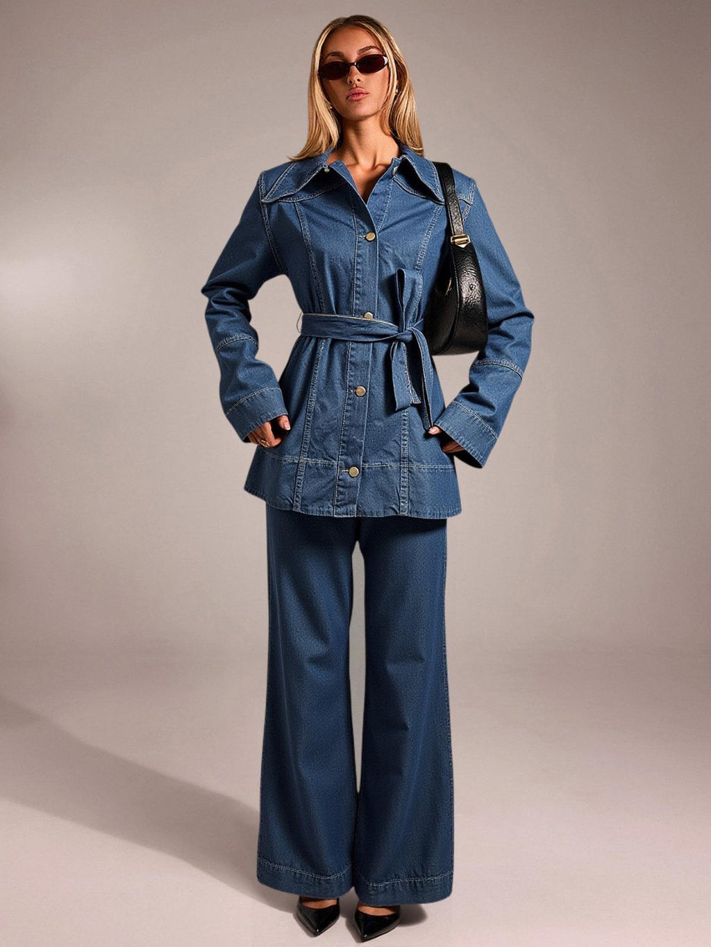 Yaka Detay Kuşaklı Denim Takım