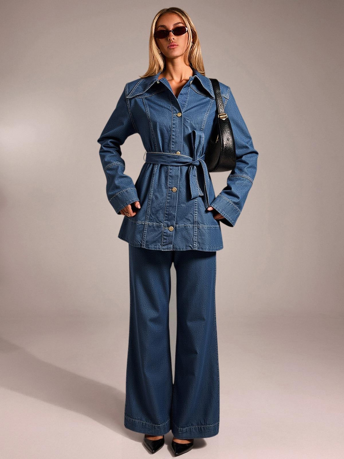 Yaka Detay Kuşaklı Denim Takım