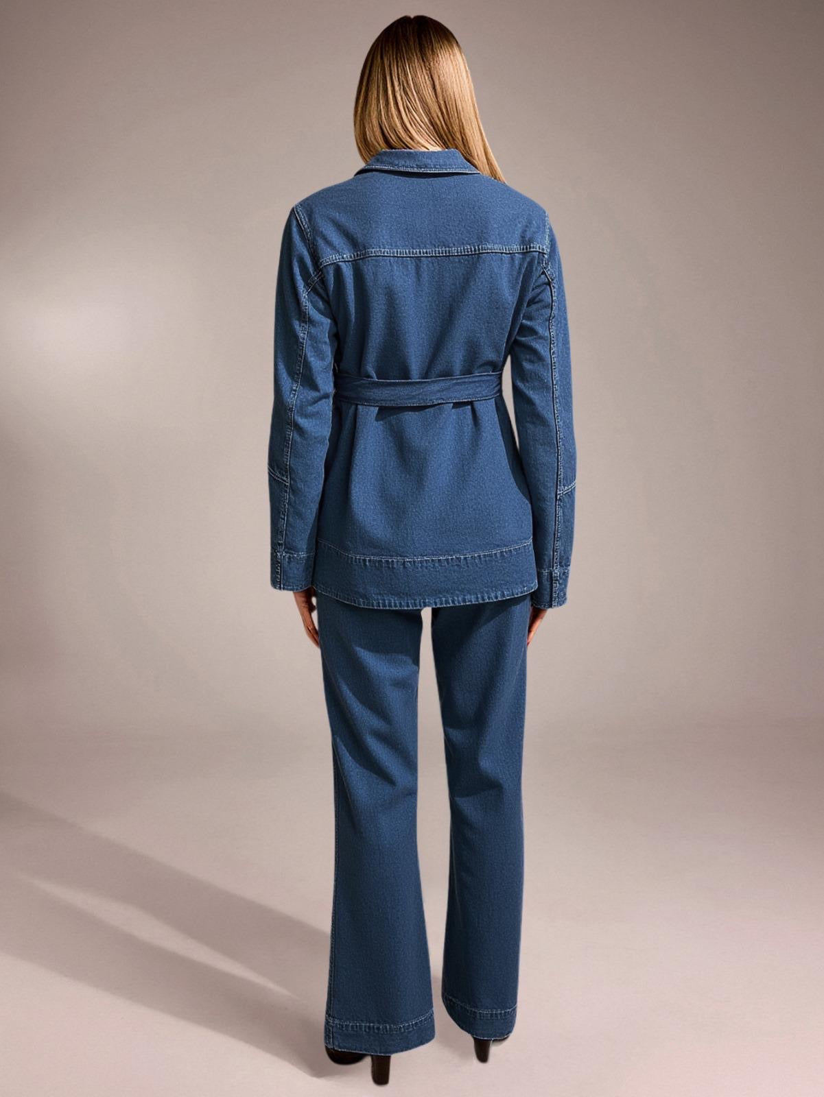 Yaka Detay Kuşaklı Denim Takım
