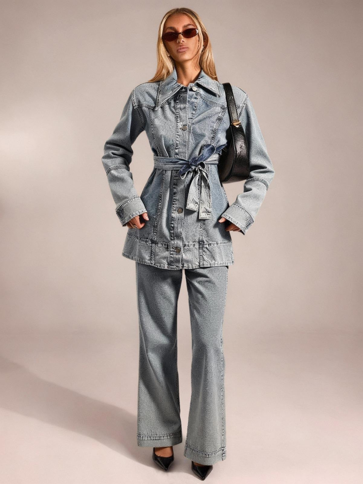 Yaka Detay Kuşaklı Denim Takım