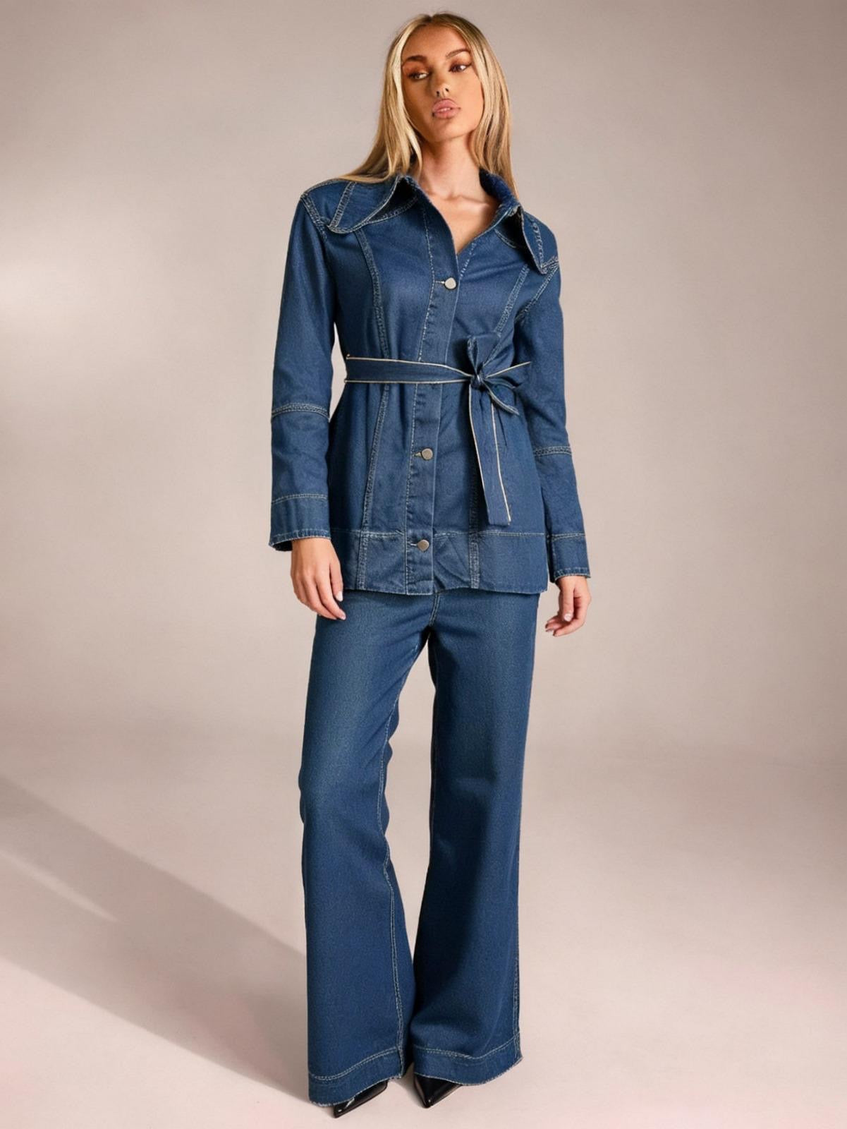 Yaka Detay Kuşaklı Denim Takım
