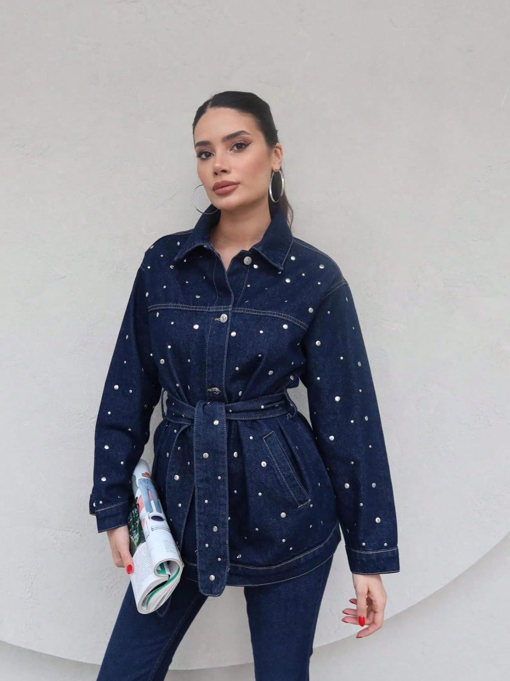İnci Detaylı Kemerli Denim Takım
