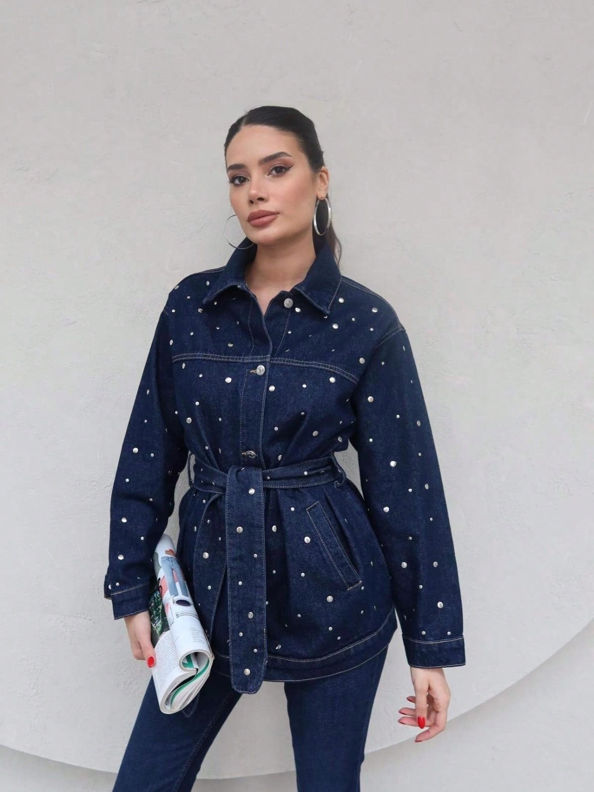İnci Detaylı Kemerli Denim Takım