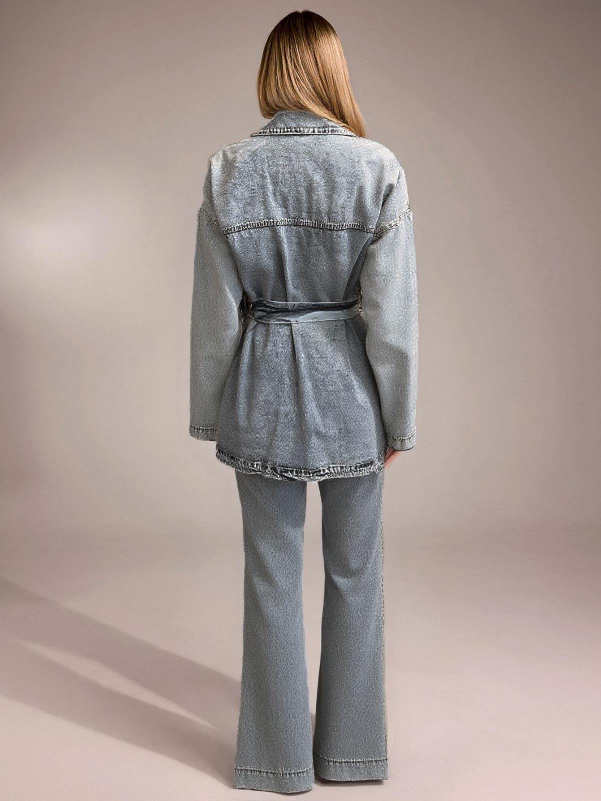 Yaka Detay Kuşaklı Denim Takım