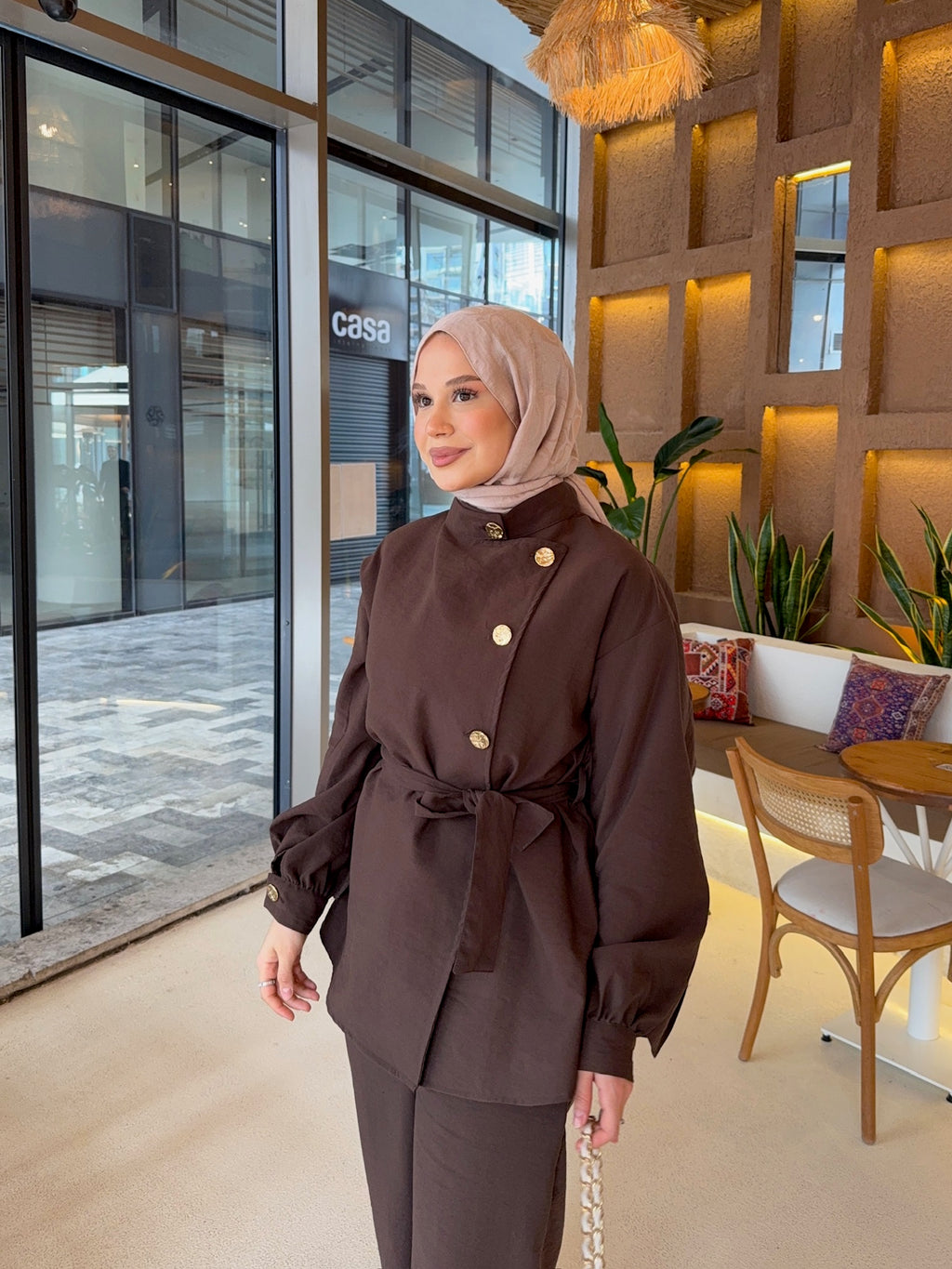 Düğme Detaylı Kuşaklı İkili Takım