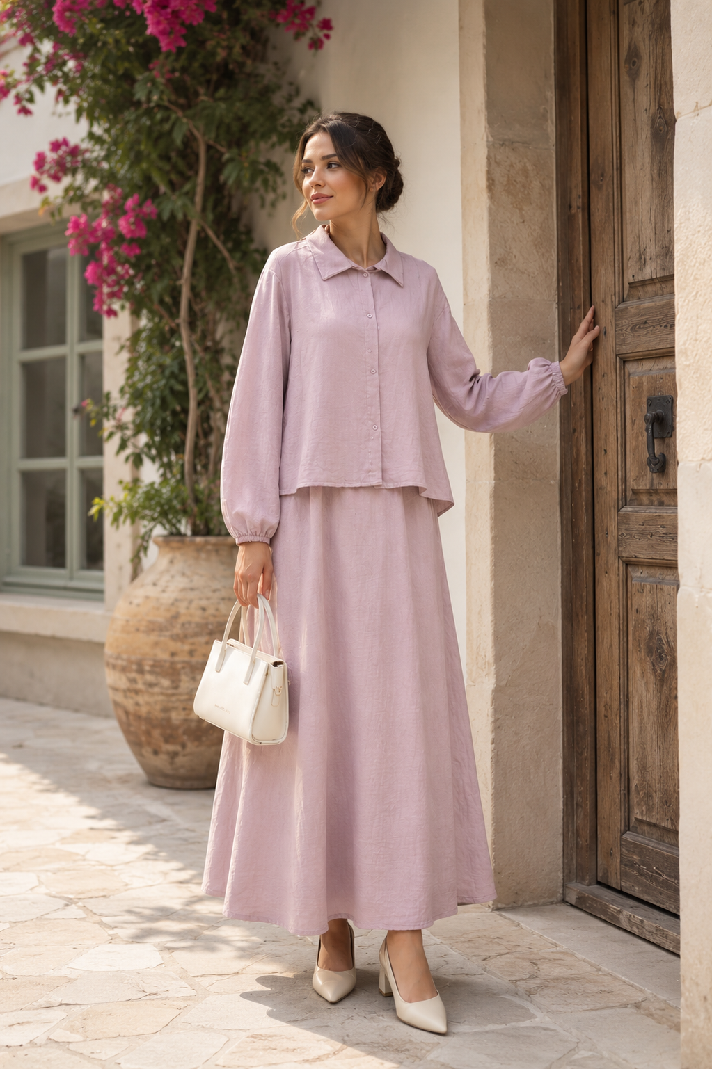 Tesettürlü Müslin İkili Takım – Oversize Gömlek ve Beli Lastikli Etek Takımı