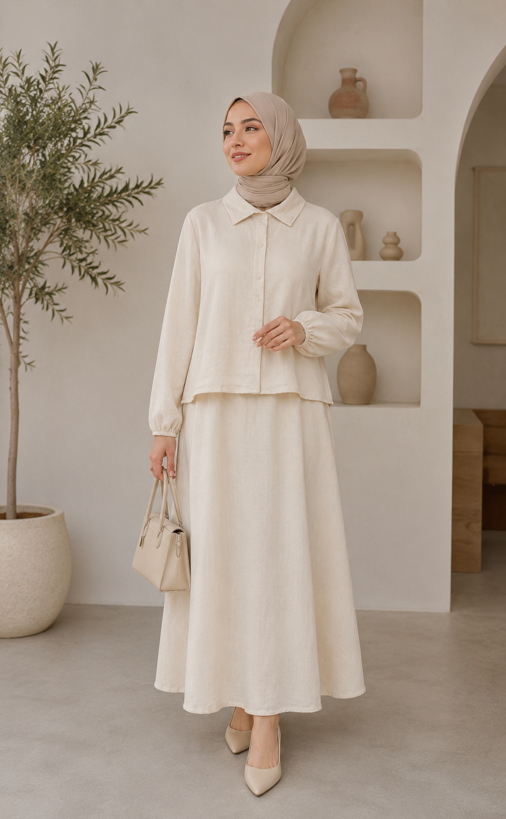 Tesettürlü Müslin İkili Takım – Oversize Gömlek ve Beli Lastikli Etek Takımı