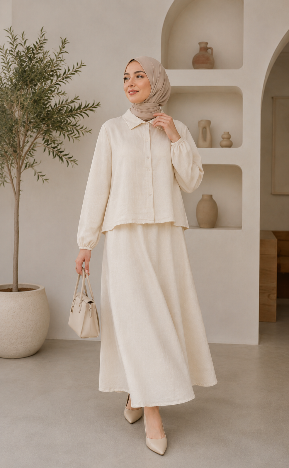 Tesettürlü Müslin İkili Takım – Oversize Gömlek ve Beli Lastikli Etek Takımı