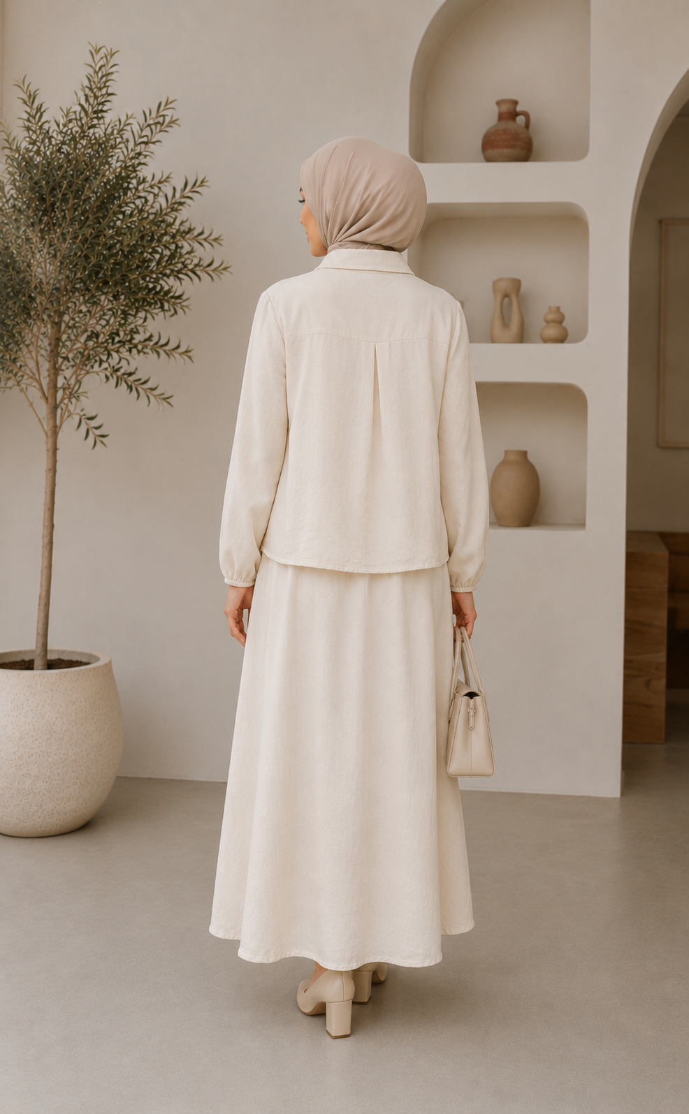Tesettürlü Müslin İkili Takım – Oversize Gömlek ve Beli Lastikli Etek Takımı
