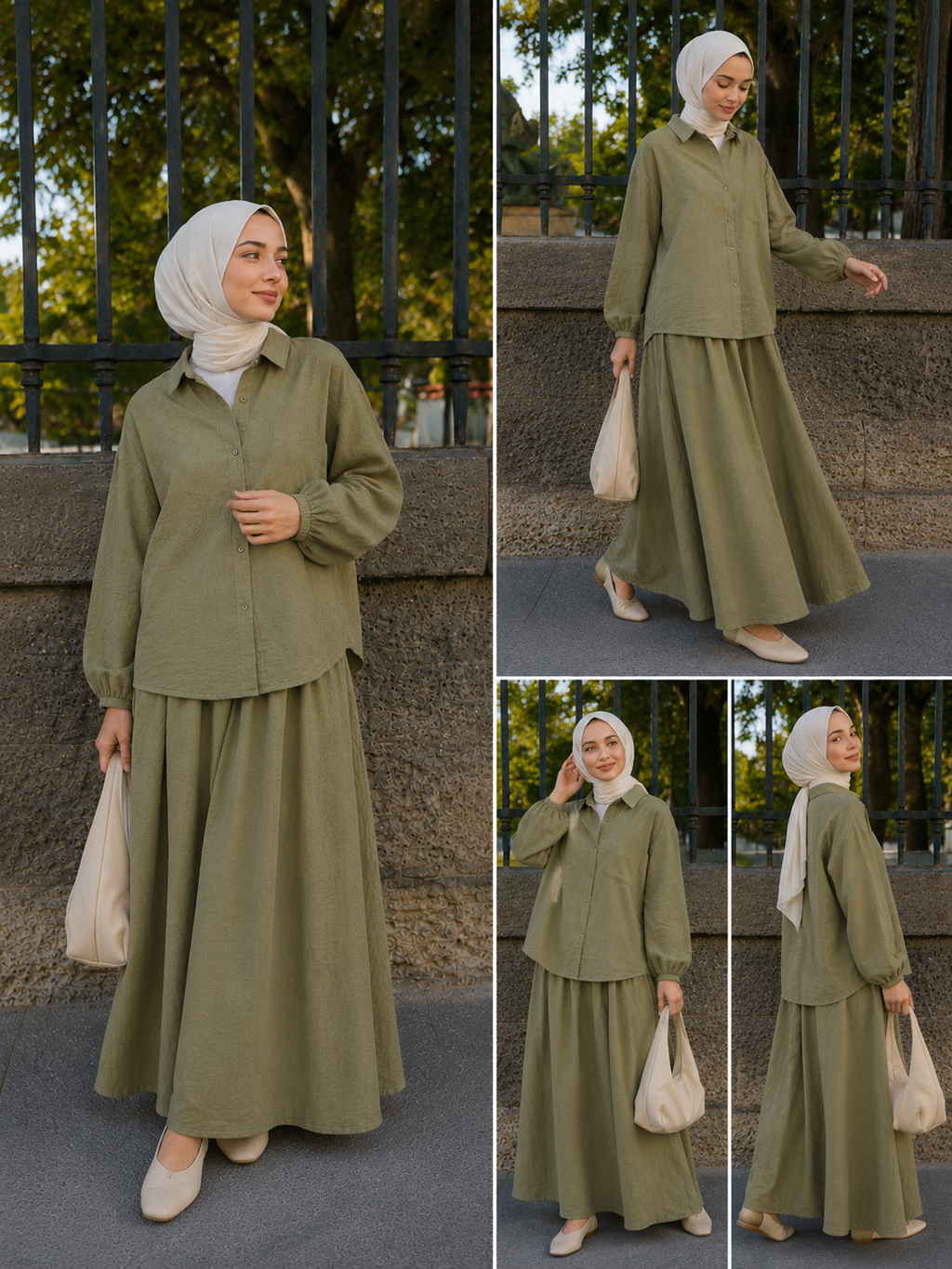 Tesettürlü Müslin İkili Takım – Oversize Gömlek ve Beli Lastikli Etek Takımı